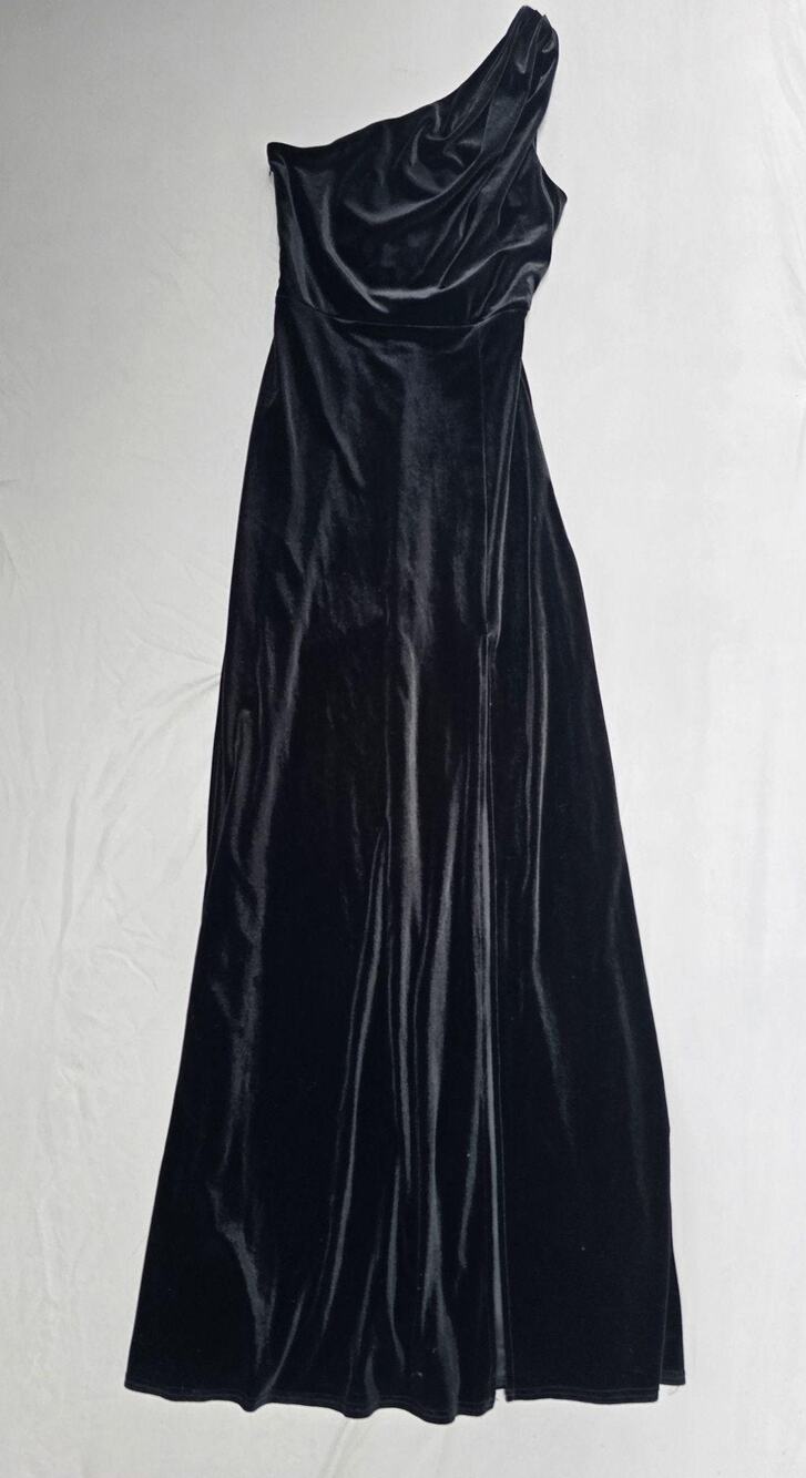 Birdy Grey Dress Womens Small Black Velvet One Shoulder Maxi Side Slit Formal